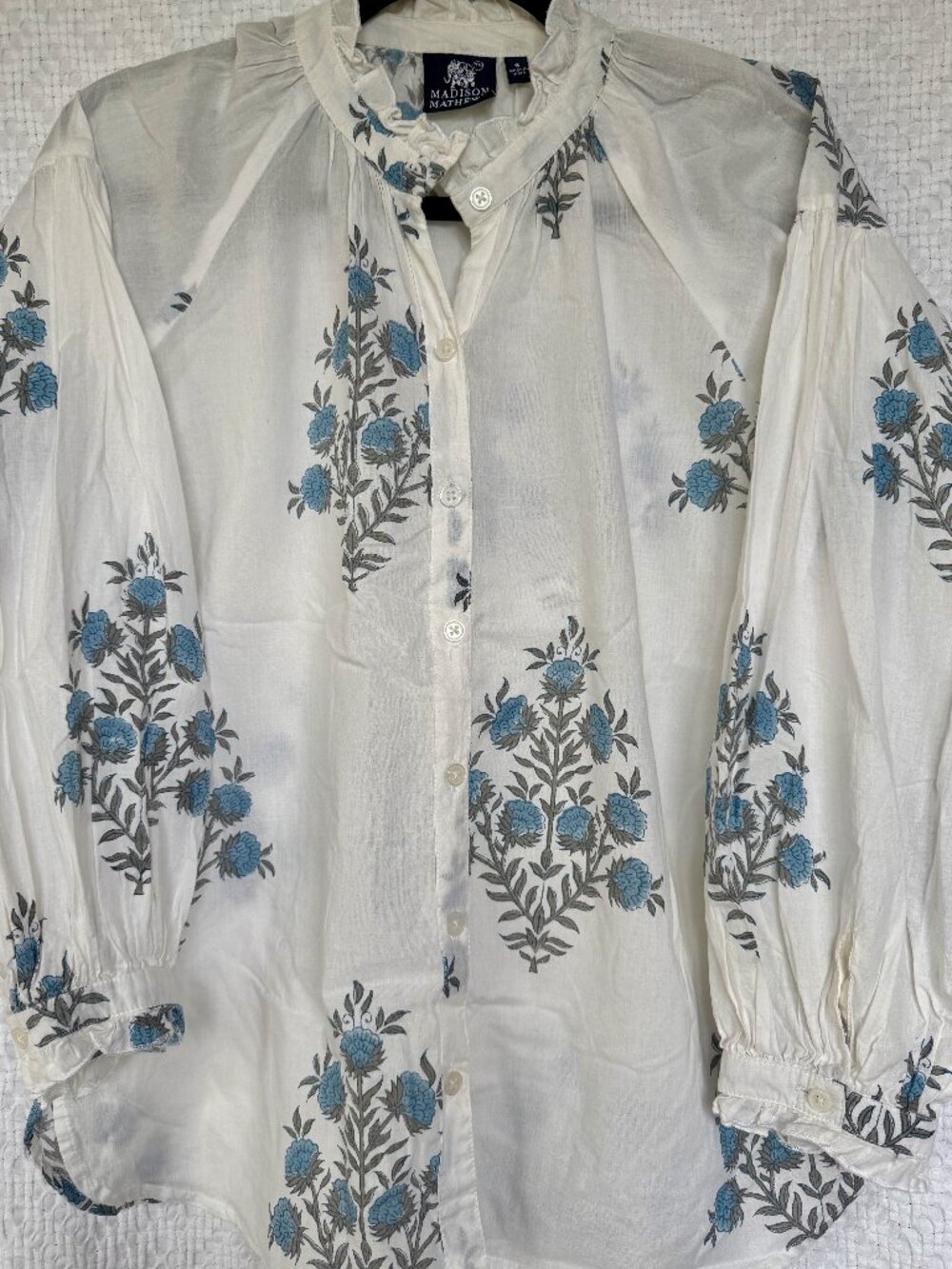 Madison Mathews Blue Floral Block Print Ruffle Neck Blouse S